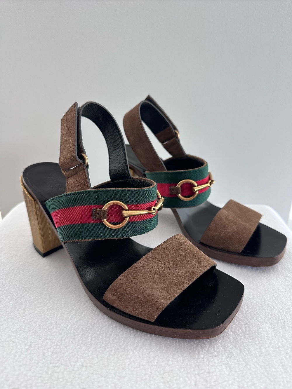 Gucci Brown Suede Block Heel Sandals with Green & Red Web Strap